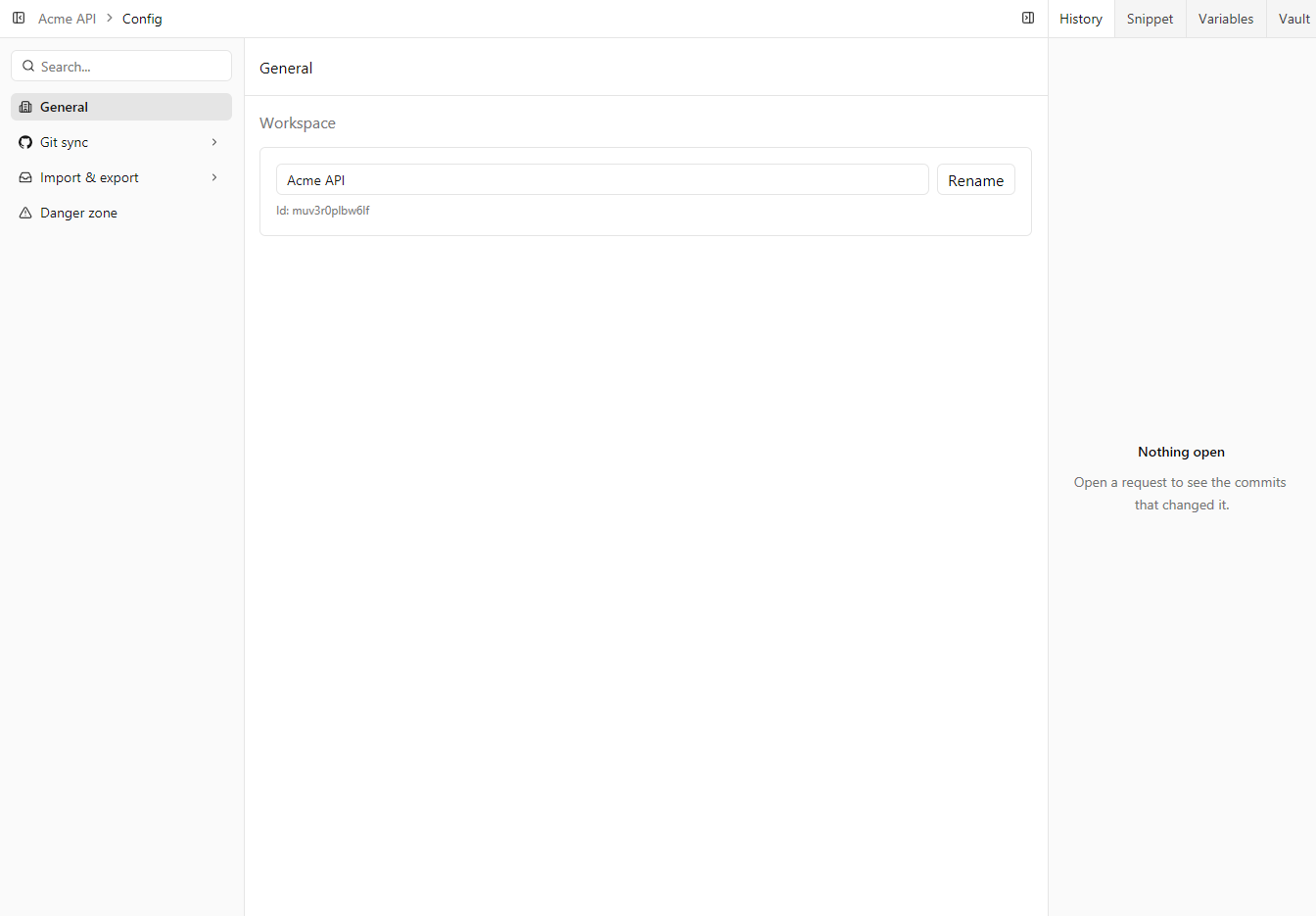 The workspace Config screen
