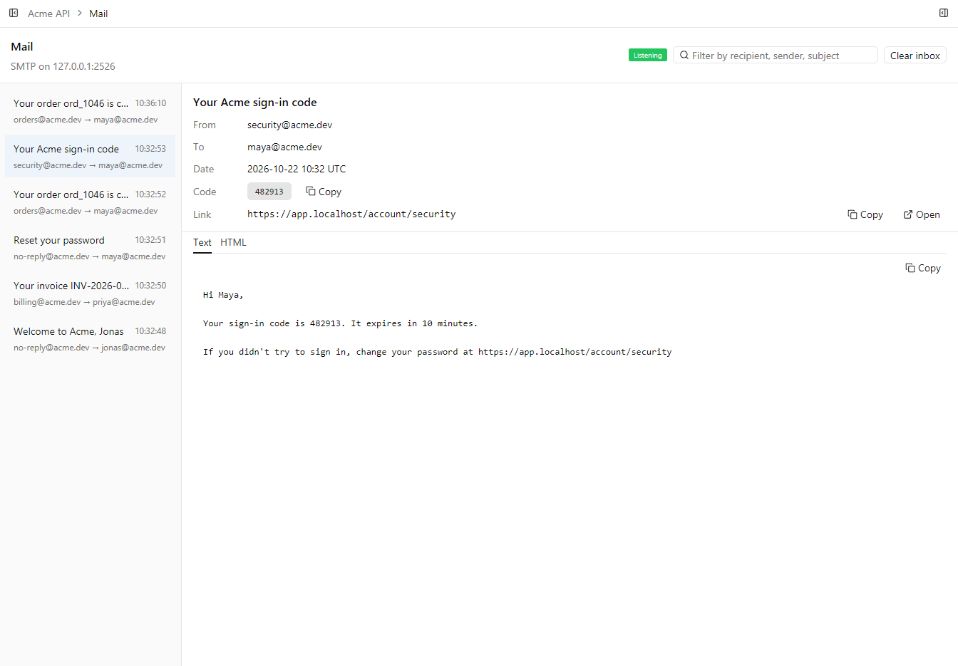The Mail screen